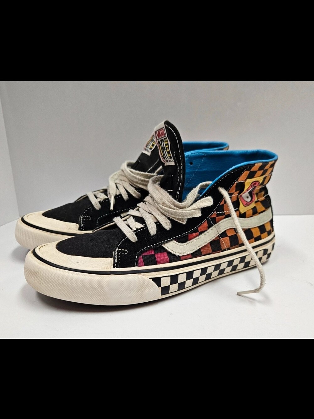 Vintage Vans Checkerboard High-Top Skate Sneakers in Black/Multi